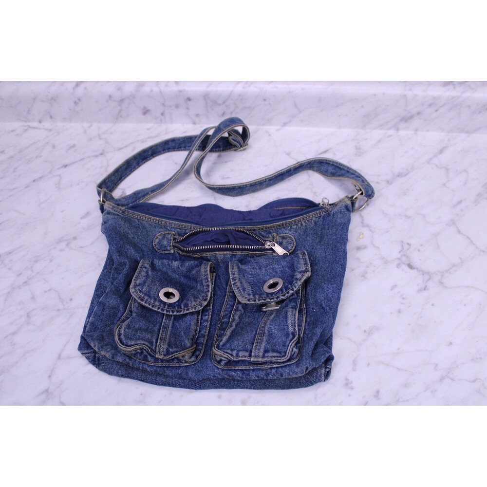 Denim Jean Blue Crossbody Shoulder Bag Casual Hobo Distressed Pockets Zipper